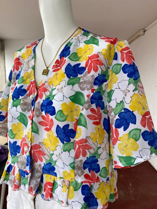 .Froufrou • T. 34 à 38 • Chemise crop top blanches à fleurs multicolores