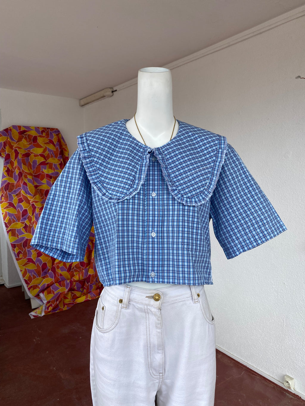 Sweaties • T.36 à 40 • Chemise upcyclée grand col rond motifs carreaux bleu