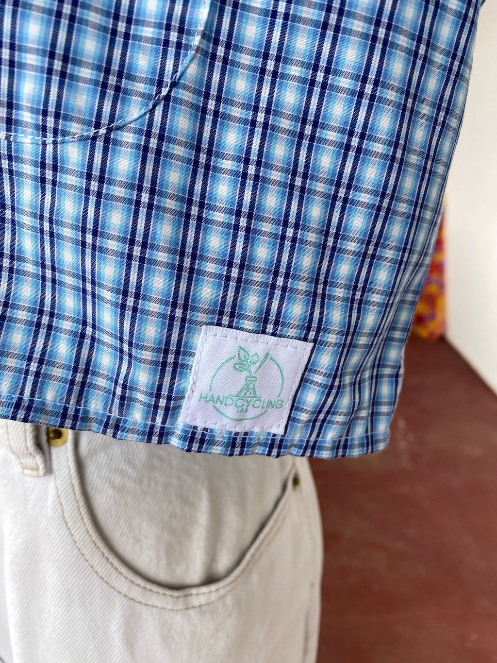 Sweaties • T.36 à 40 • Chemise upcyclée grand col rond motifs carreaux bleu