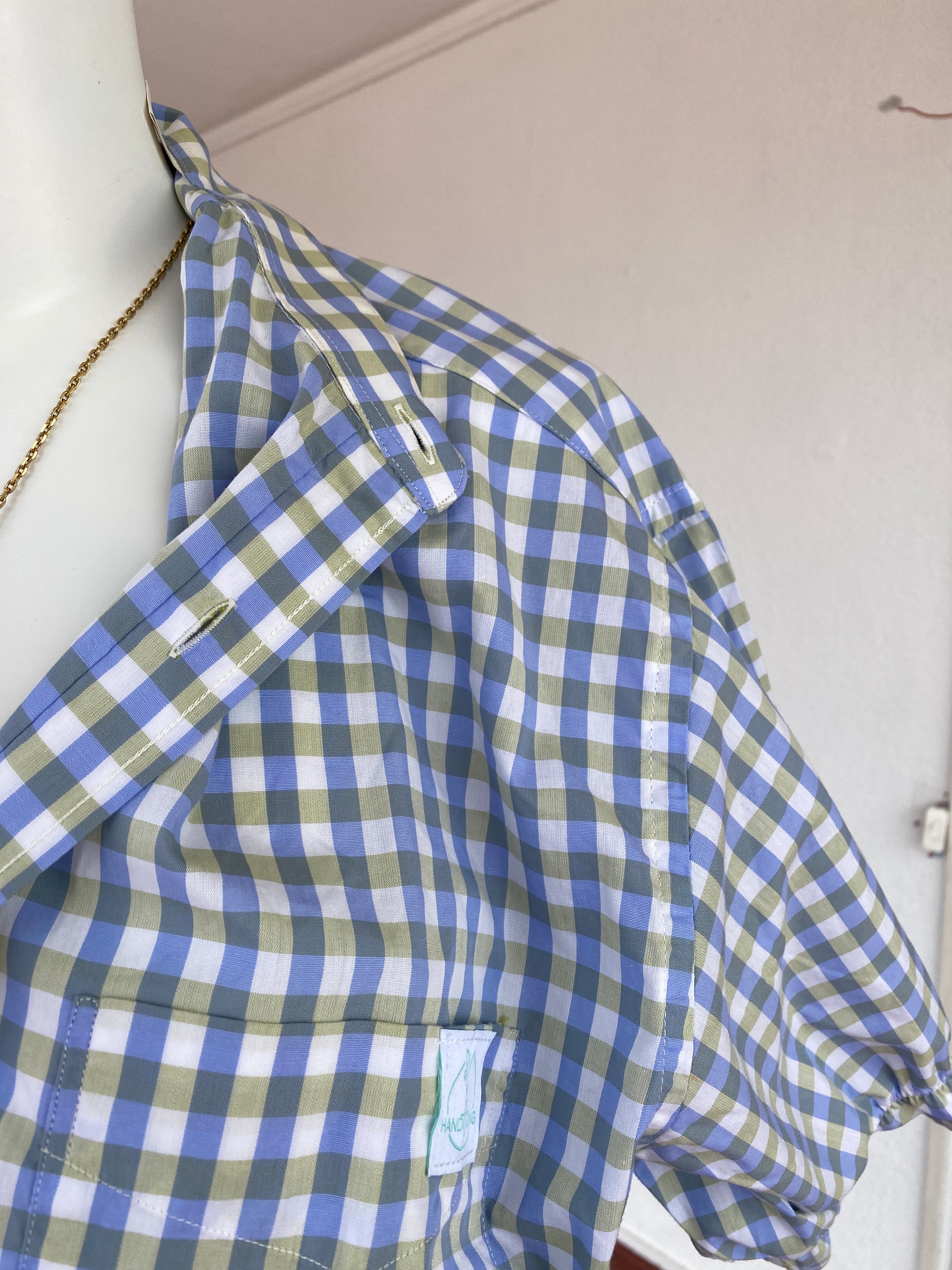 Intemporelle • T. 36 à 40 • Chemise crop top bouffante upcyclée carreaux bleu vert