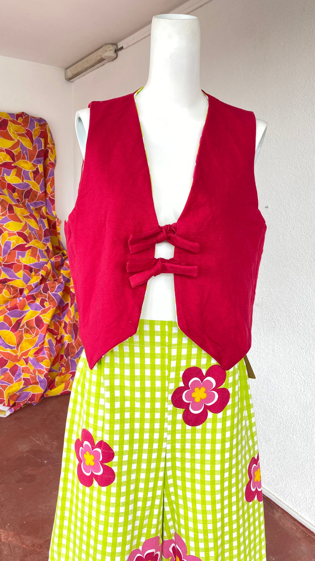 Veston • Taille unique • Veston upcyclé vichy vert / uni fushia