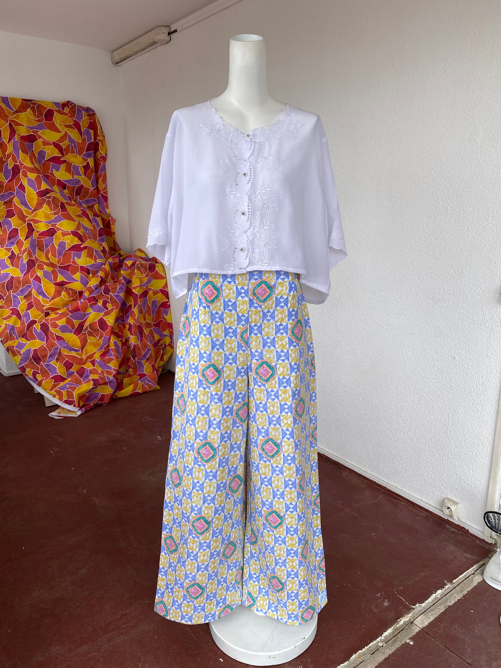 Pants • Taille XS/S et M • Pantalon upcyclé motifs losanges bleu jaune