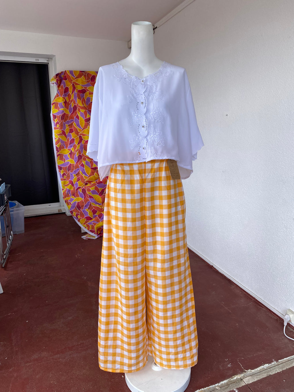 Pants • T. XS/S  • Pantalon upcyclé  gros vichy orange et blanc
