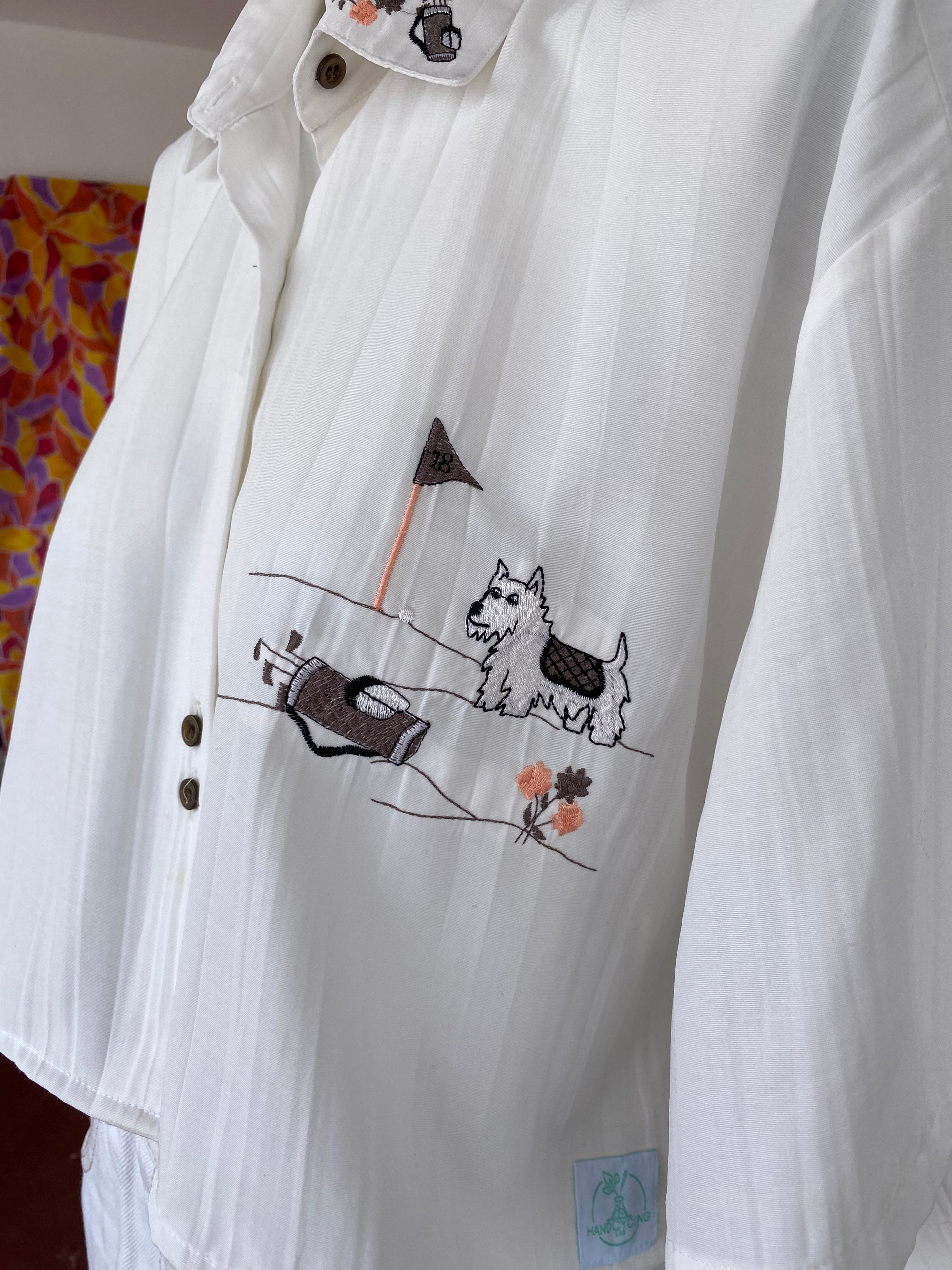 Cropped • T. 36 à 46 • Chemise crop top blanche broderies chien et golf