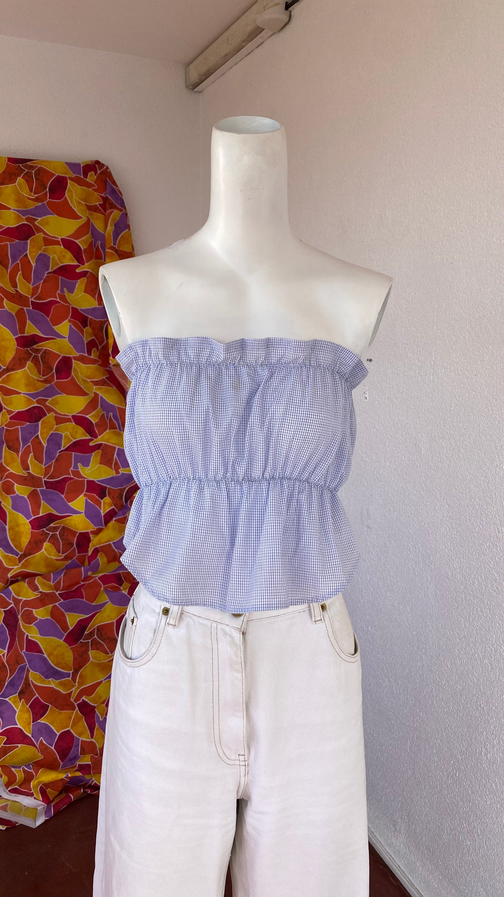 P'tis Ôh • Taille XS  • Haut bandeau coton blanc mini carreaux bleu ciel