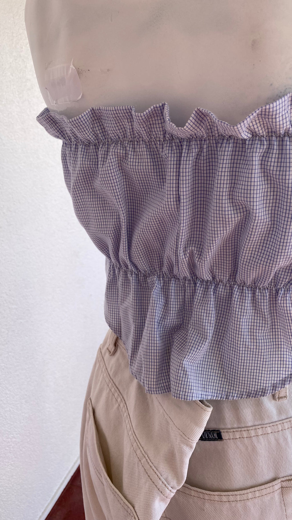 P'tis Ôh • Taille XS  • Haut bandeau coton blanc mini carreaux bleu ciel