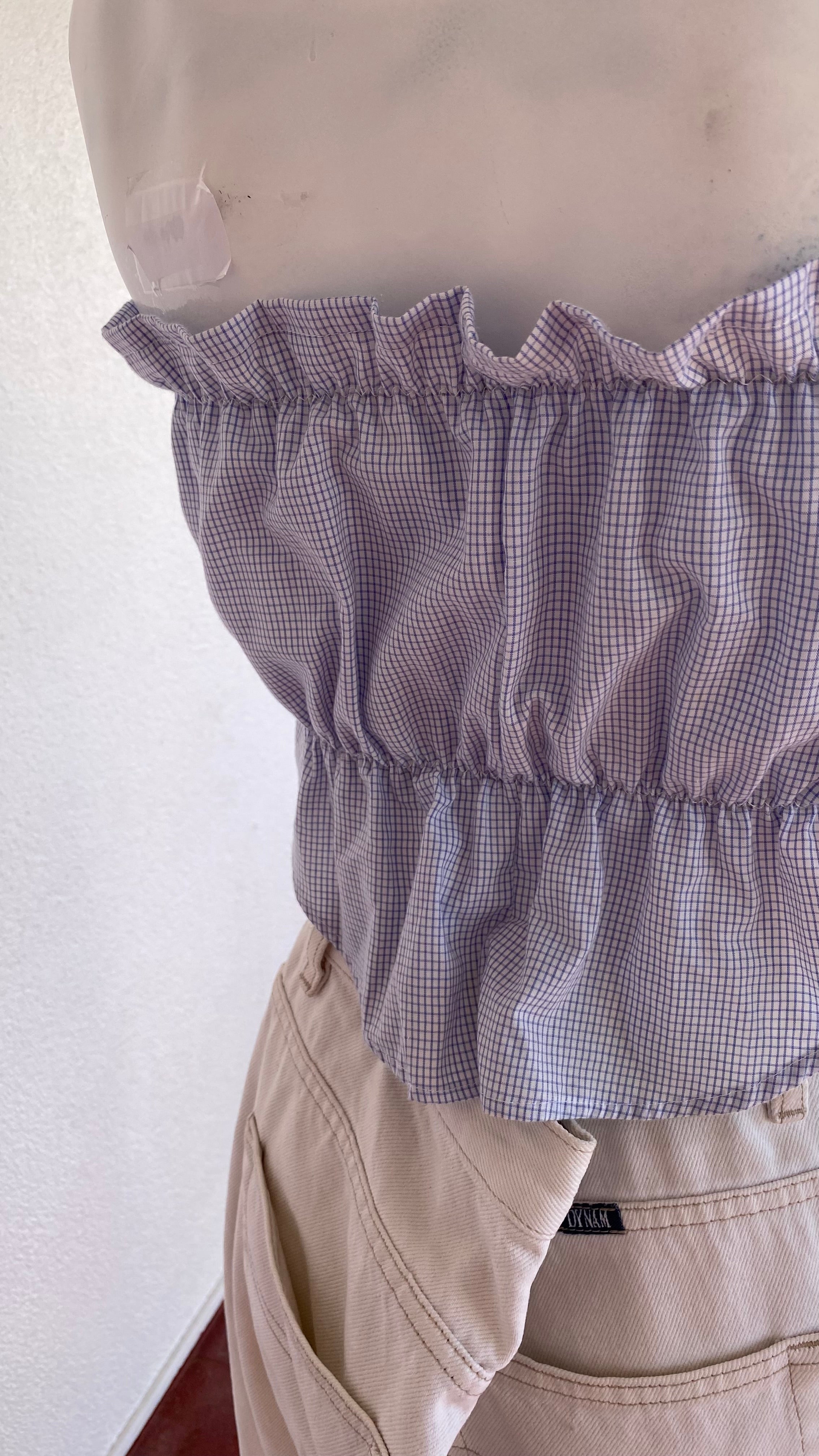 P'tis Ôh • Taille XS  • Haut bandeau coton blanc mini carreaux bleu ciel