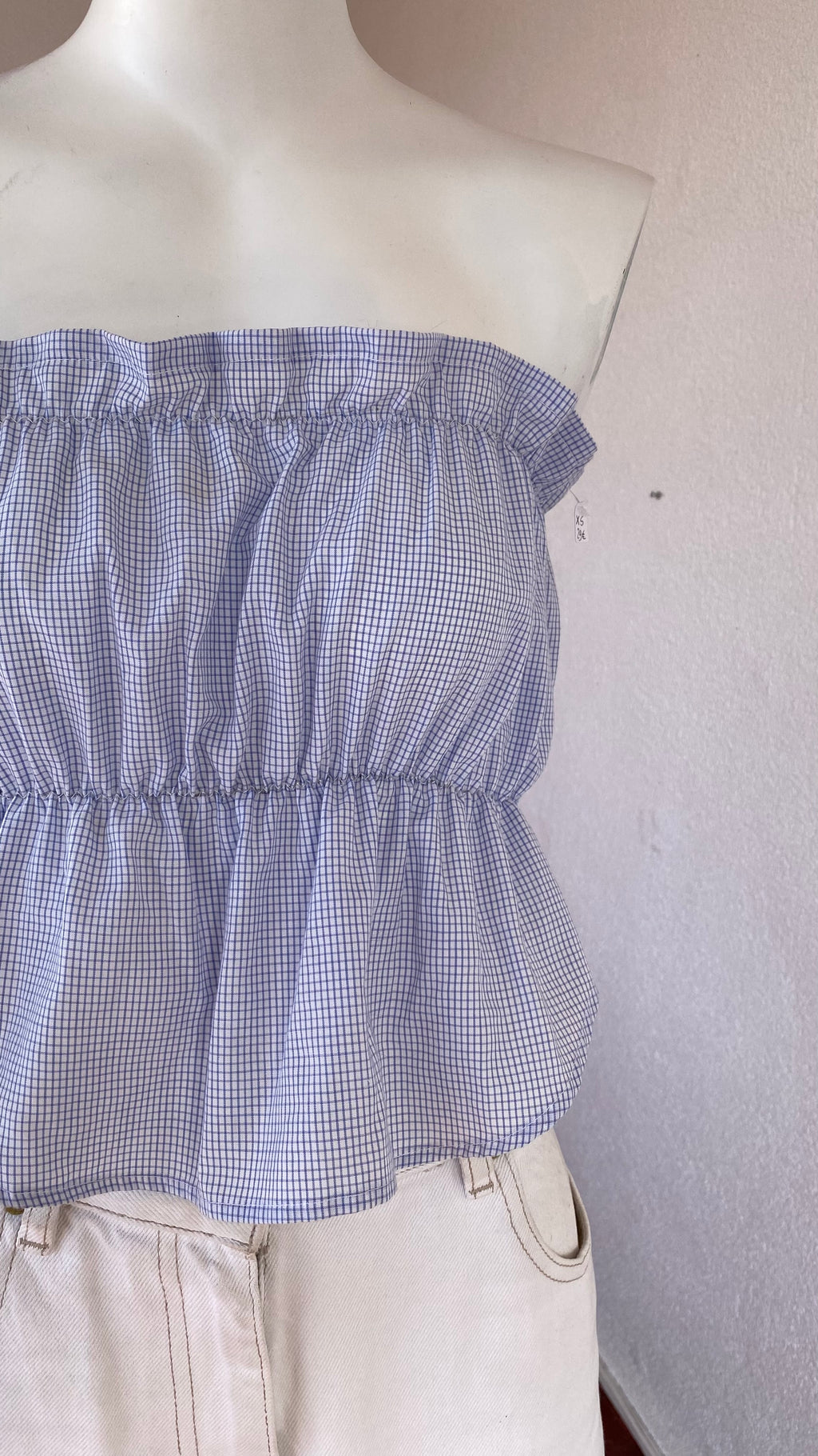 P'tis Ôh • Taille XS  • Haut bandeau coton blanc mini carreaux bleu ciel