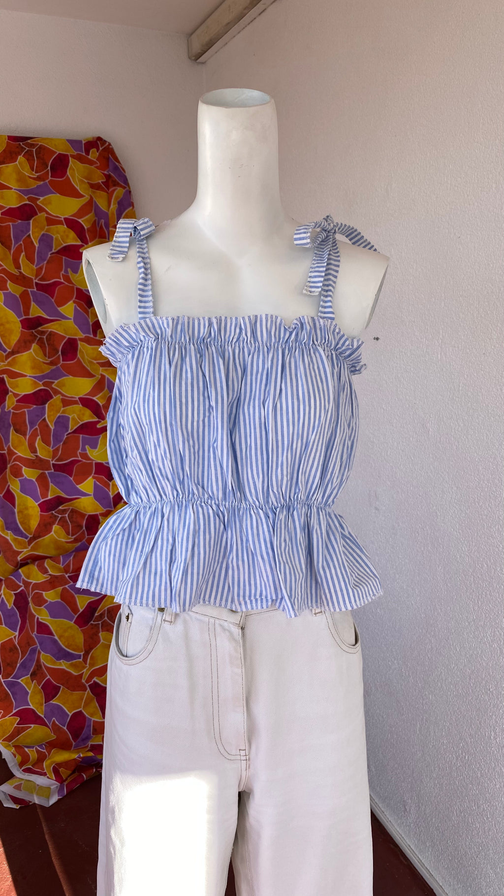 P'tis Ôh • Taille L  • Haut bandeau coton fines rayures bleu ciel et blanc