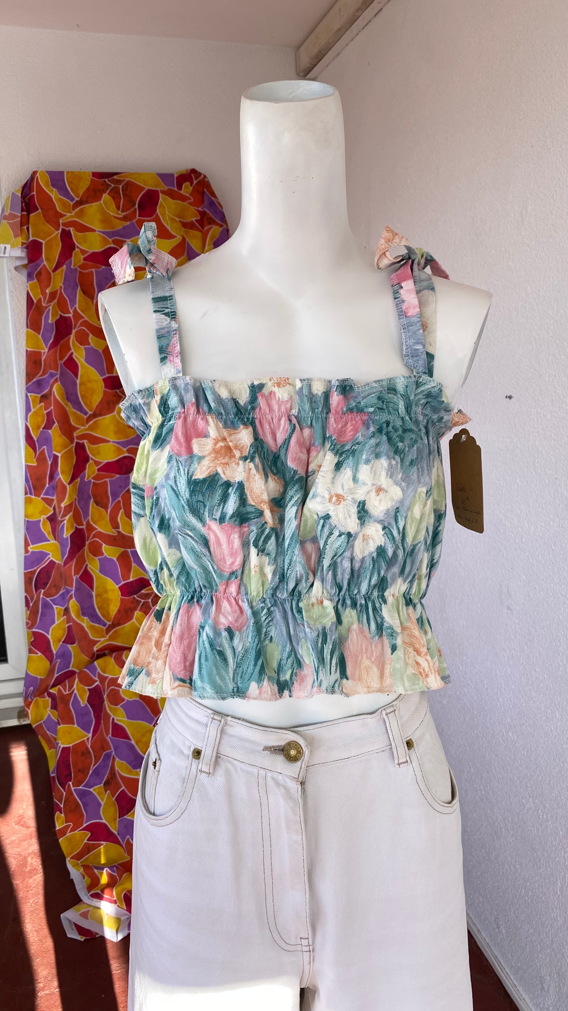 P'tis Ôh • Taille M  • Haut bandeau floral tons vert gris fleurs orange rose vert pastel
