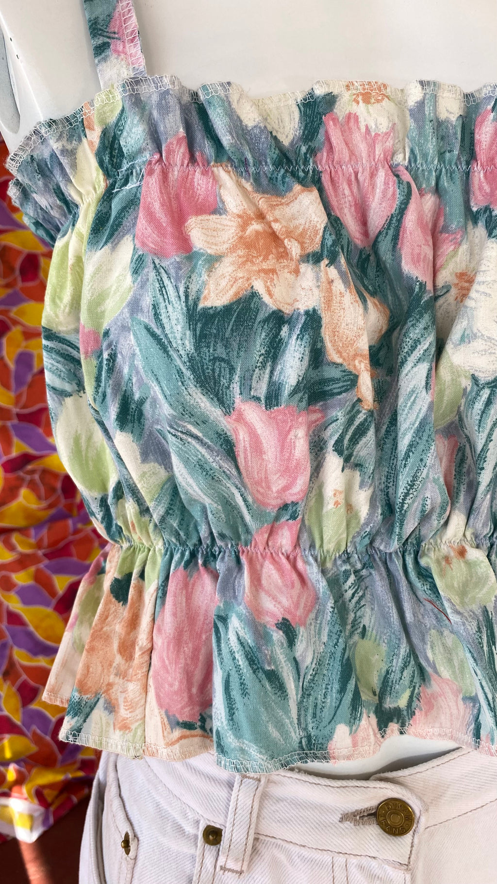 P'tis Ôh • Taille M  • Haut bandeau floral tons vert gris fleurs orange rose vert pastel