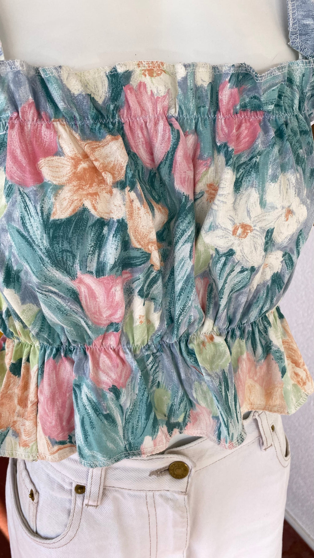 P'tis Ôh • Taille M  • Haut bandeau floral tons vert gris fleurs orange rose vert pastel