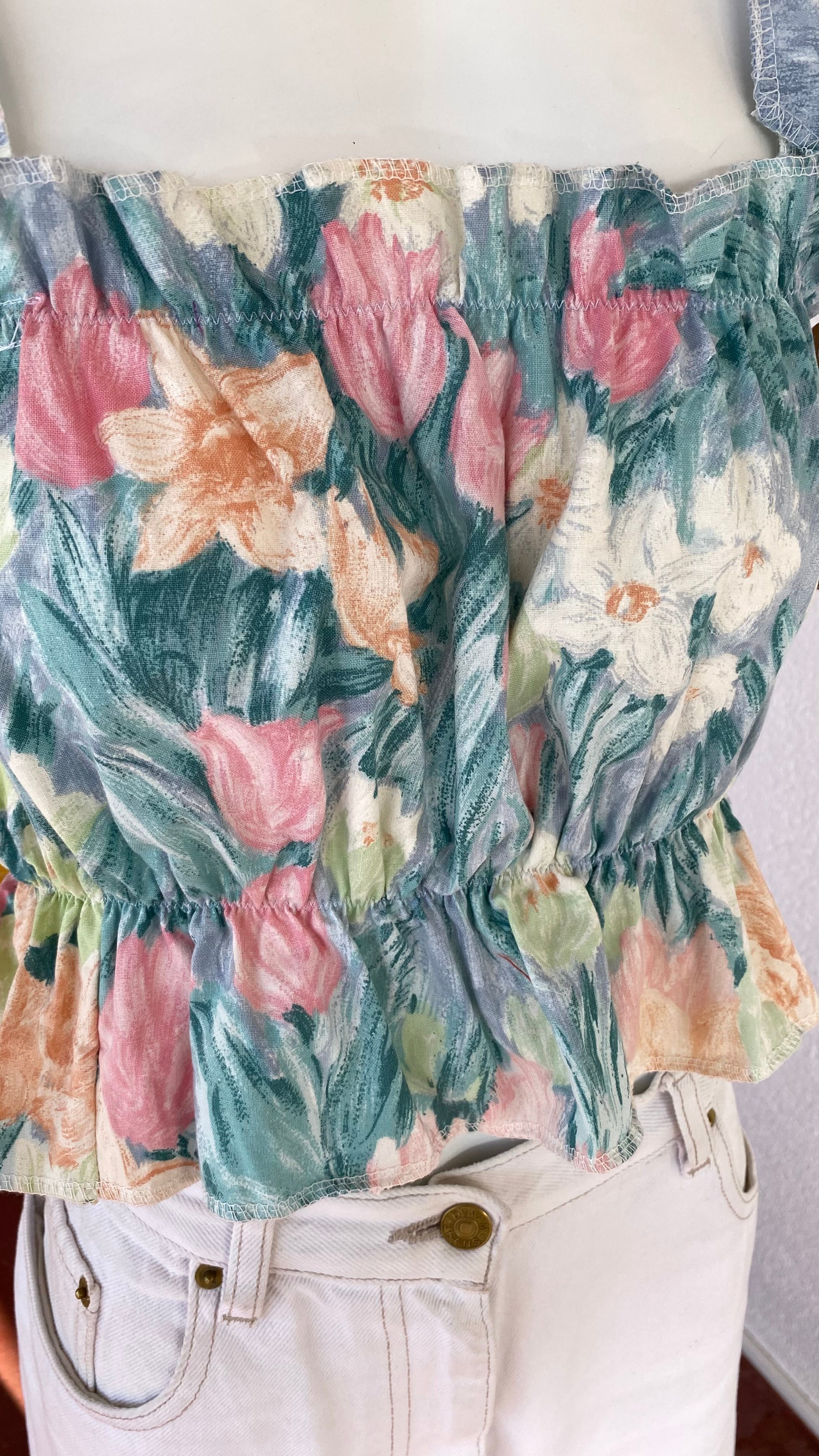 P'tis Ôh • Taille M  • Haut bandeau floral tons vert gris fleurs orange rose vert pastel