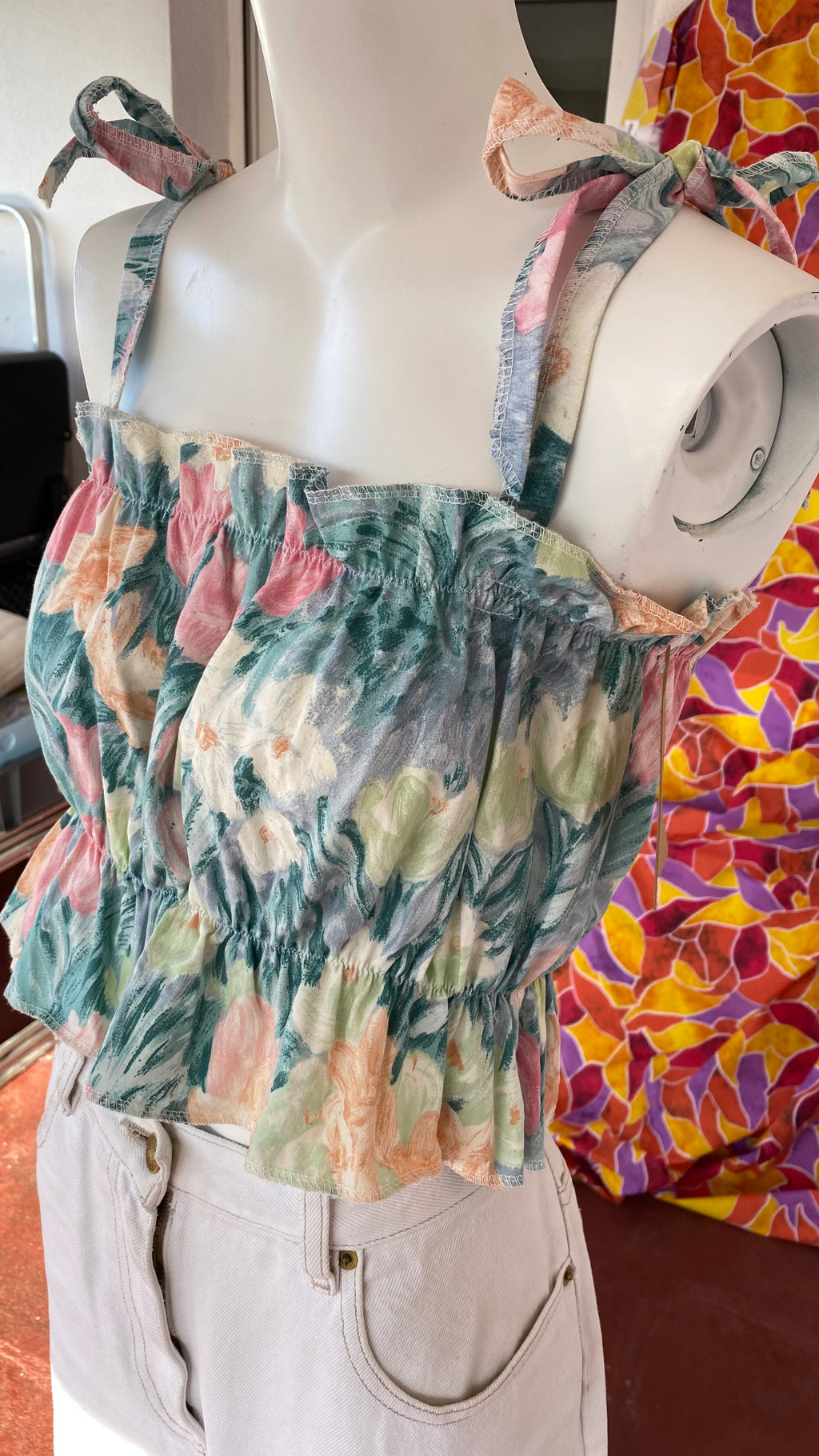 P'tis Ôh • Taille M  • Haut bandeau floral tons vert gris fleurs orange rose vert pastel