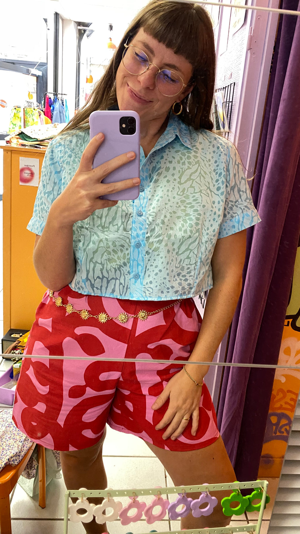 Cropped • T. 36 à 40 • Chemise crop top turquoise motif animal transparent
