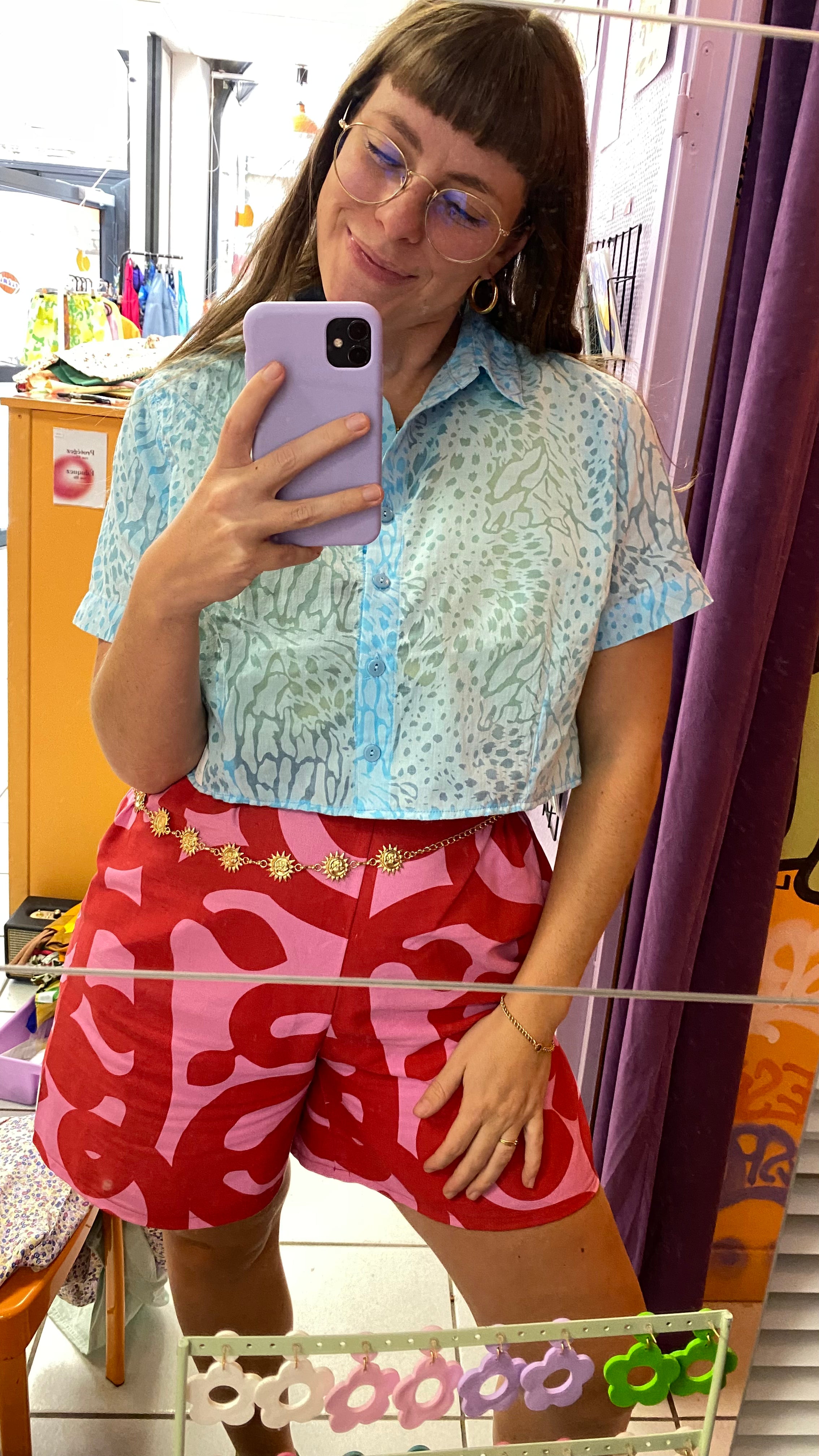 Cropped • T. 36 à 40 • Chemise crop top turquoise motif animal transparent
