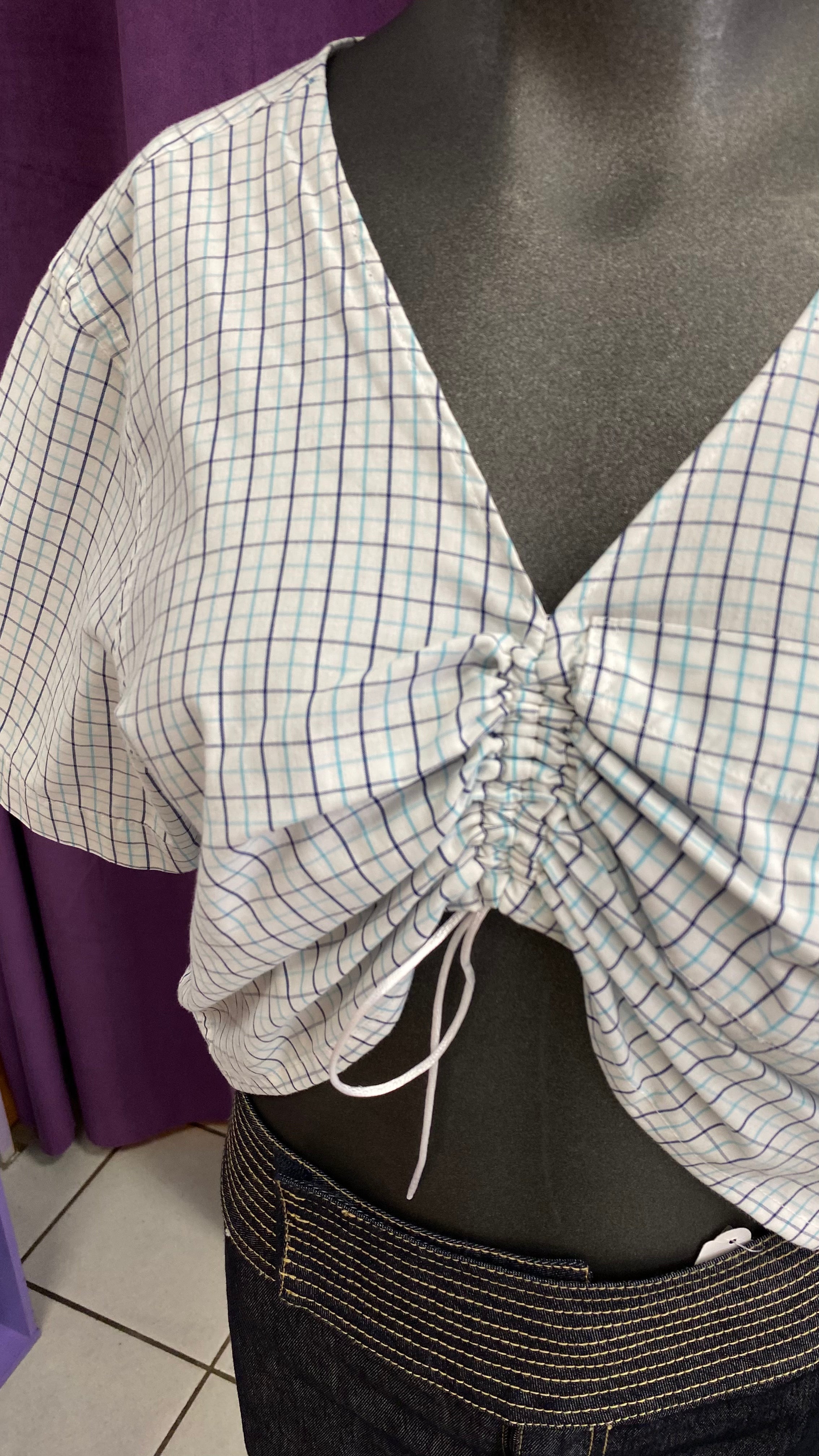Monarque • T. 34 à 36 • Chemise papillon blanc carreaux bleu
