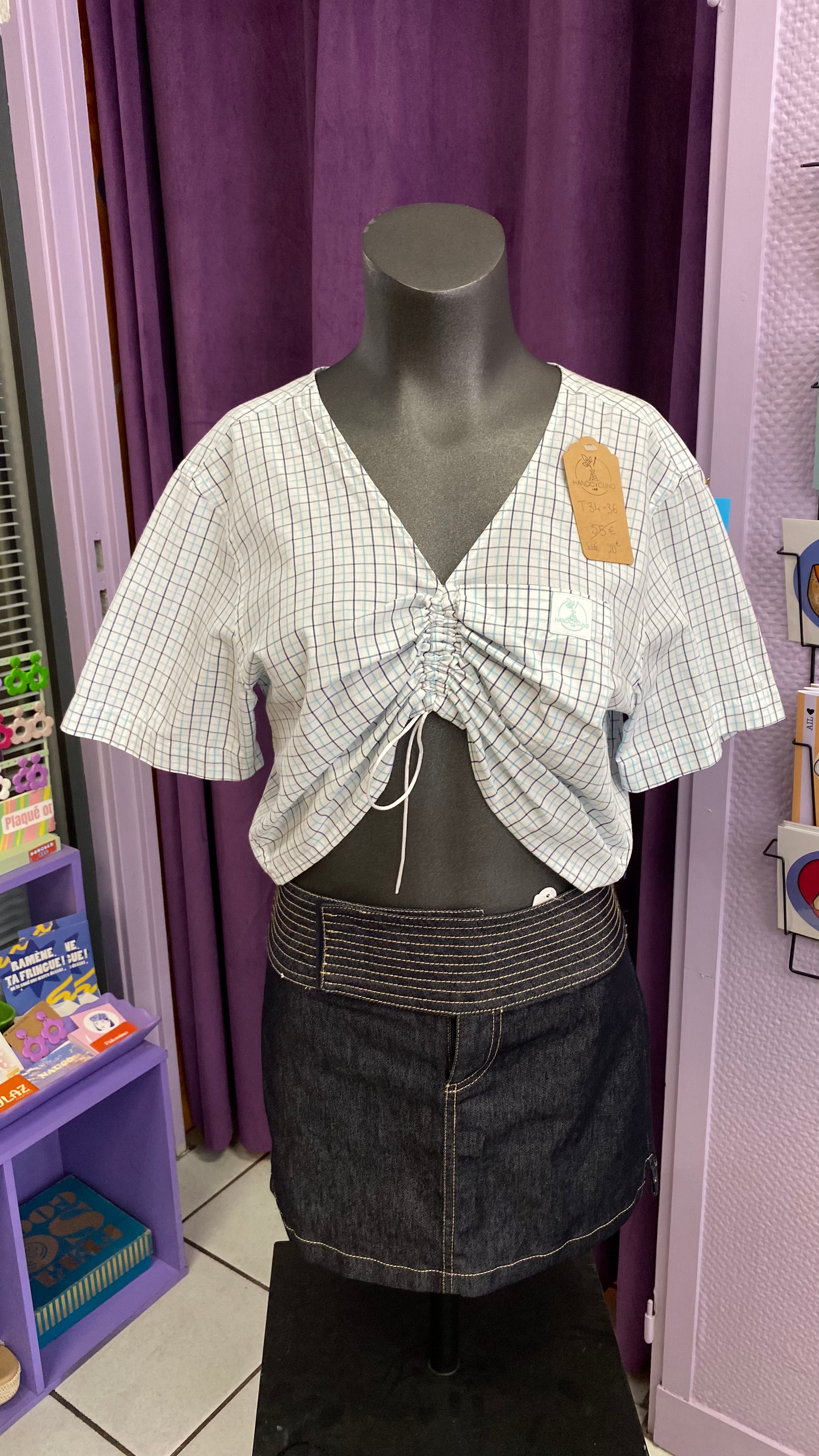 Monarque • T. 34 à 36 • Chemise papillon blanc carreaux bleu