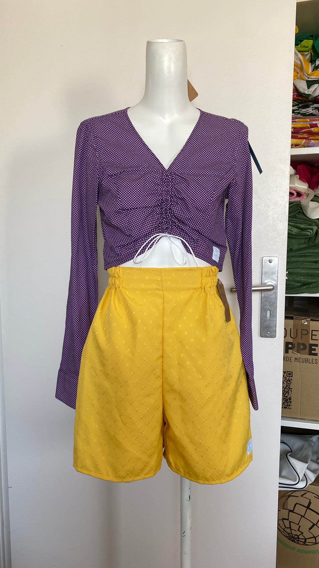 Short • T.S • Short upcyclé jaune à carreaux en relief