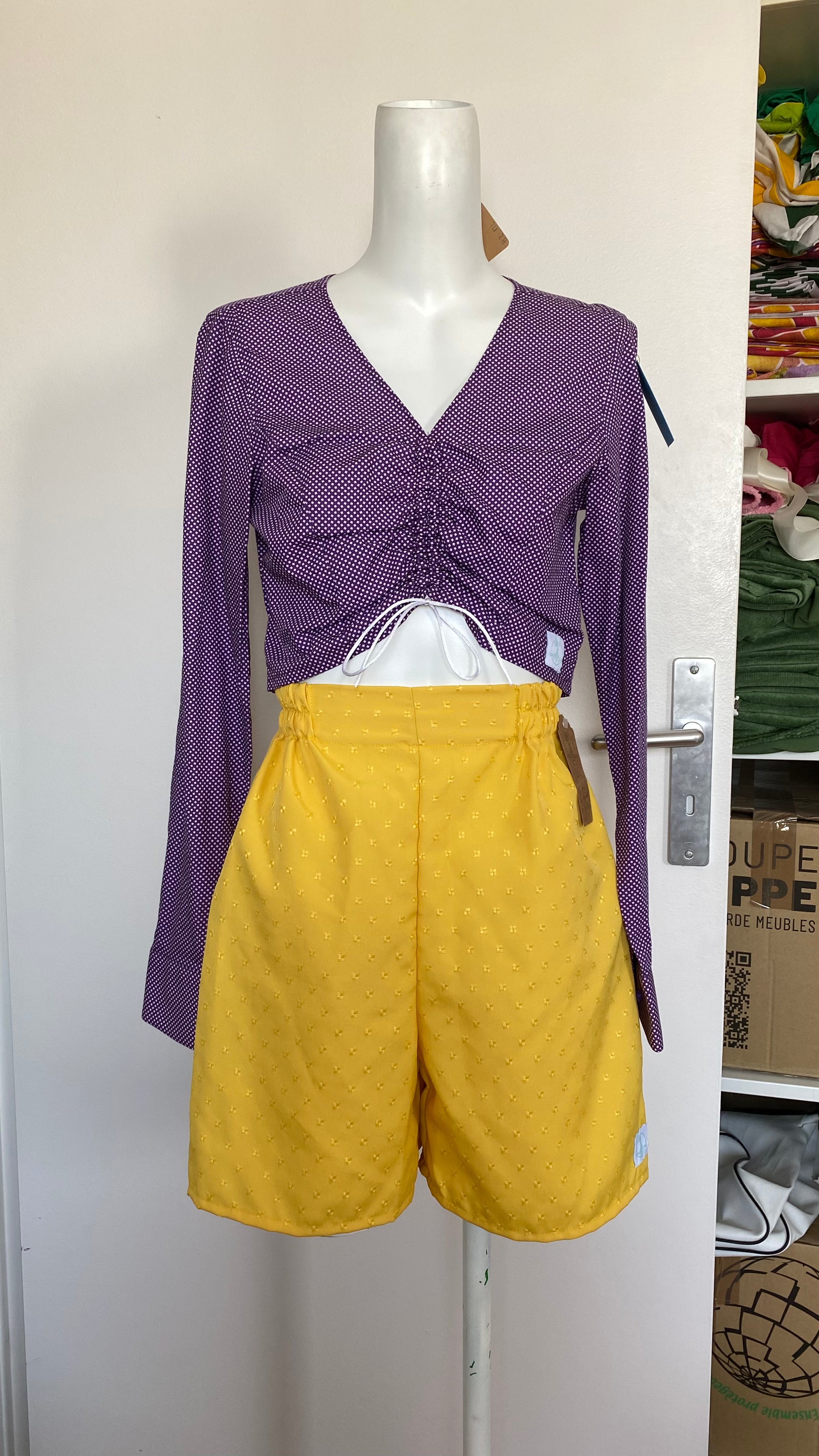 Short • T.S • Short upcyclé jaune à carreaux en relief