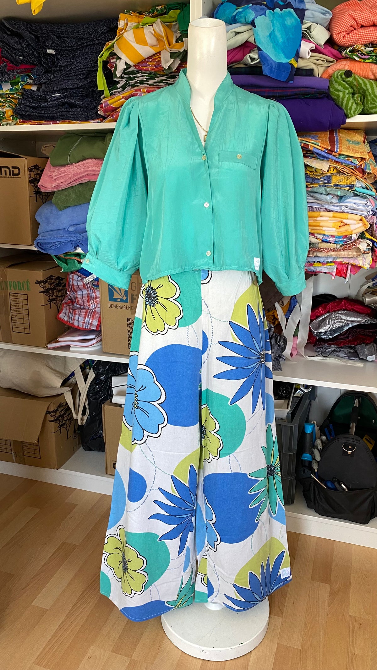 Pants • Taille L • Pantalon upcyclé 70s blanc et bleu