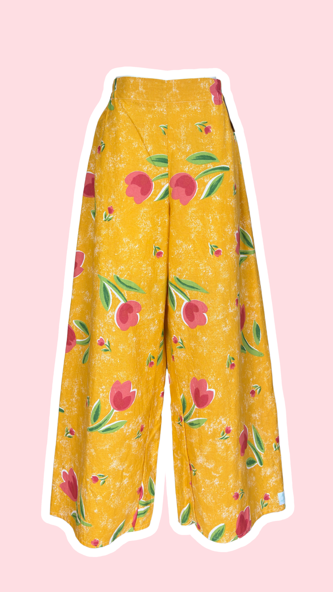 Pants • Taille L • Pantalon upcyclé jaune à fleurs rouges