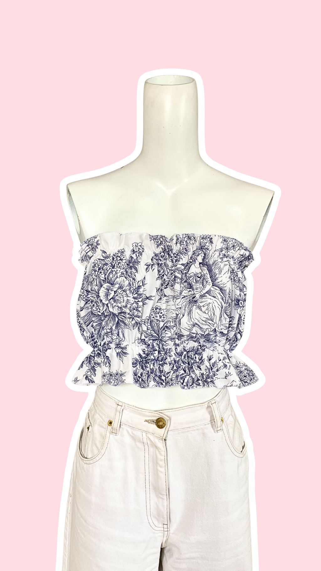 P'tis Ôh • T.XS/S au XL  • Haut bandeau à froufrou toile de jouy bleue