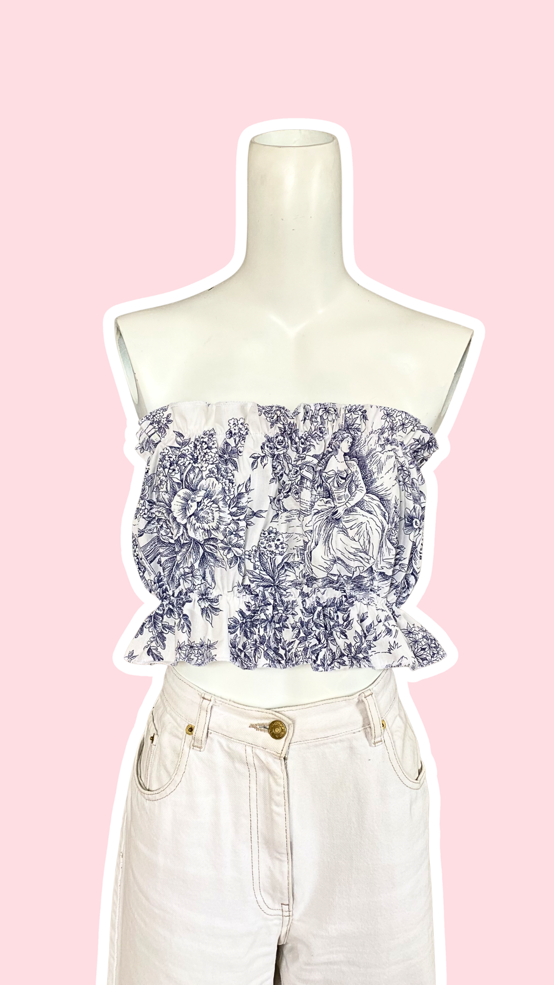 P'tis Ôh • T.XS/S au XL  • Haut bandeau à froufrou toile de jouy bleue